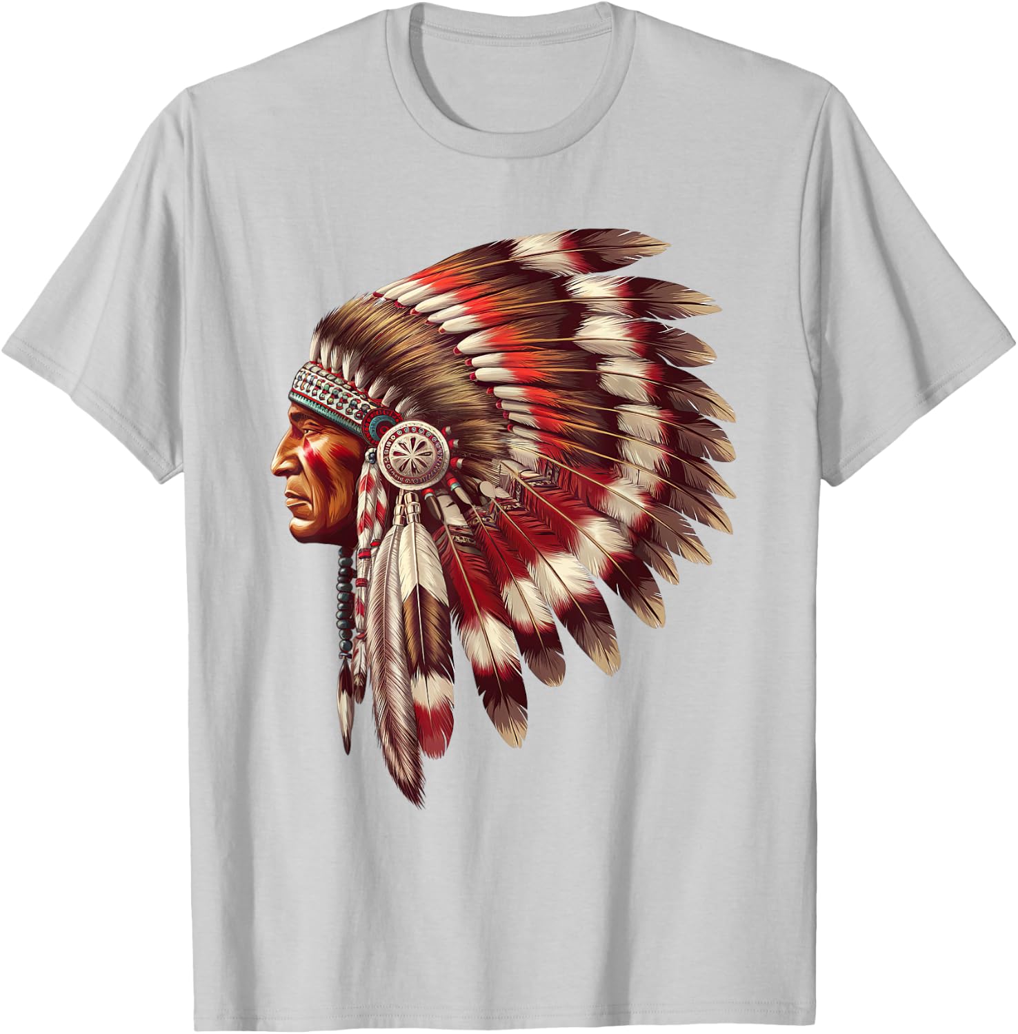 Native American Chief Headdress Intricate Feather Heritage T-Shirt - T-Shirt | Ash