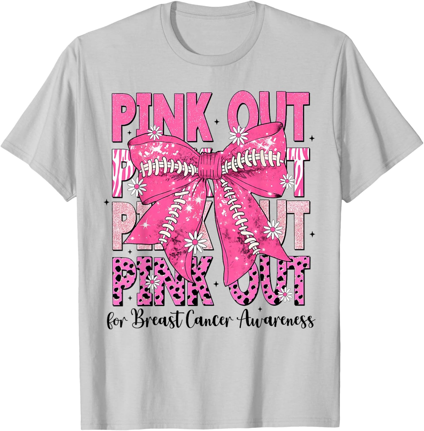 Pink Out Football Team Breast Cancer Awareness Coquette Bow T-Shirt - T-Shirt | Ash