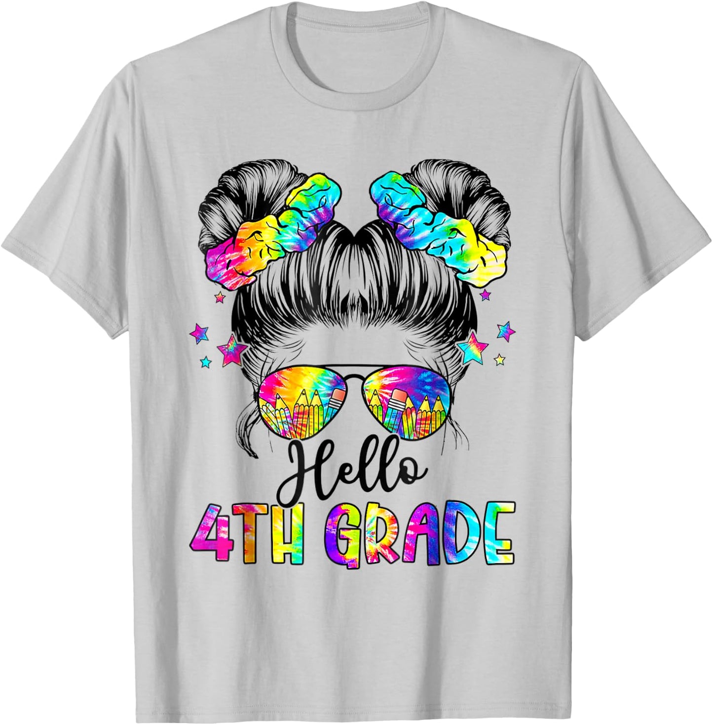 Hello 4th Grade Messy Hair Bun Girl Back To School First Day T-Shirt - T-Shirt | Ash