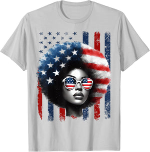 Black African American Women Patriotic Messy Bun 4th of July T-Shirt - T-Shirt | Ash