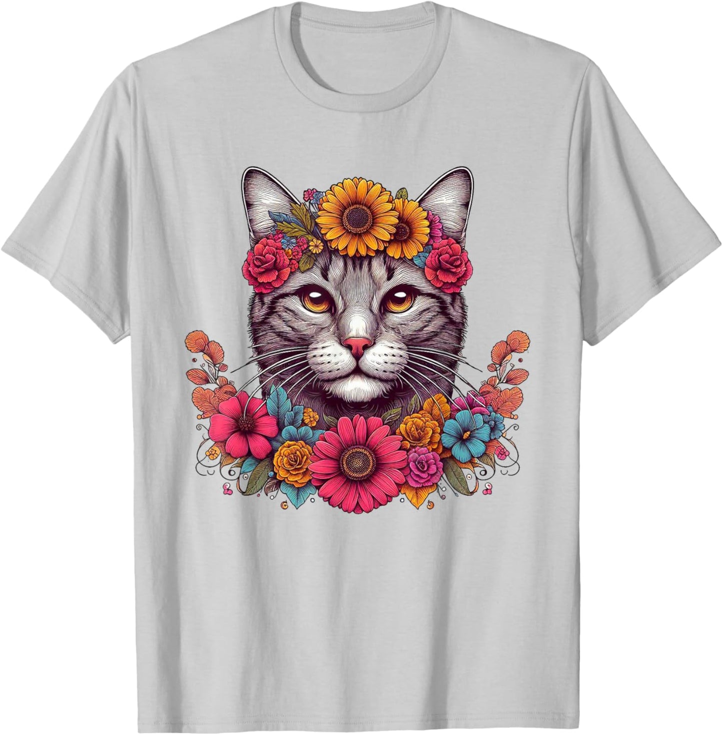 Cat Flower Crown Floral Men Women Kids T-Shirt - T-Shirt | Ash