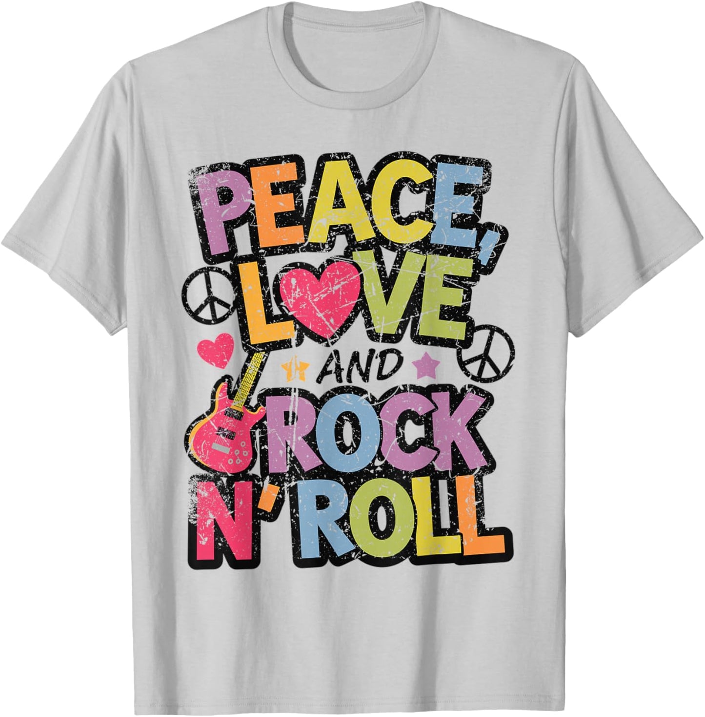 Peace, Love, and Rock 'n' Roll Retro Music-Inspired Graphi T-Shirt - T-Shirt | Ash