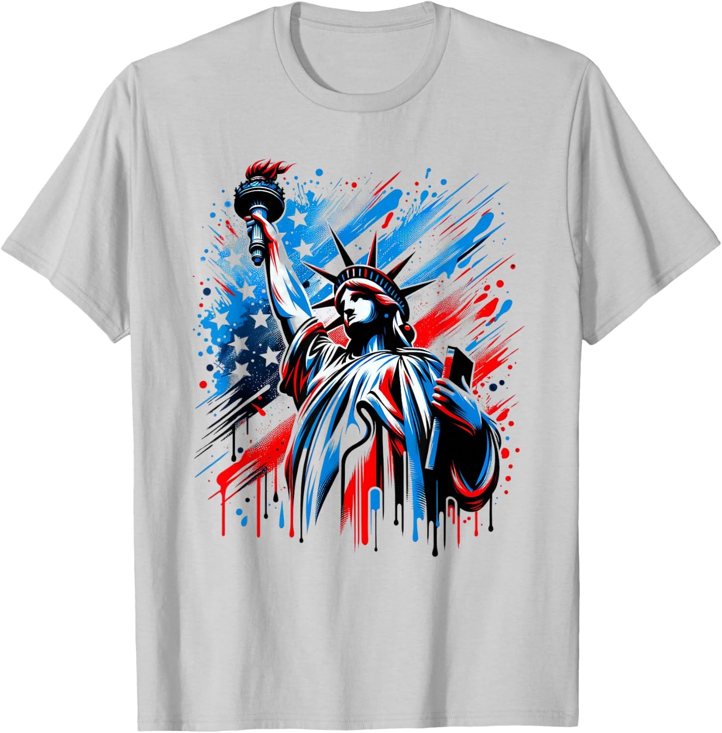 Statue of Liberty Paint Splatter American Flag USA Pride T-Shirt - T-Shirt | Ash