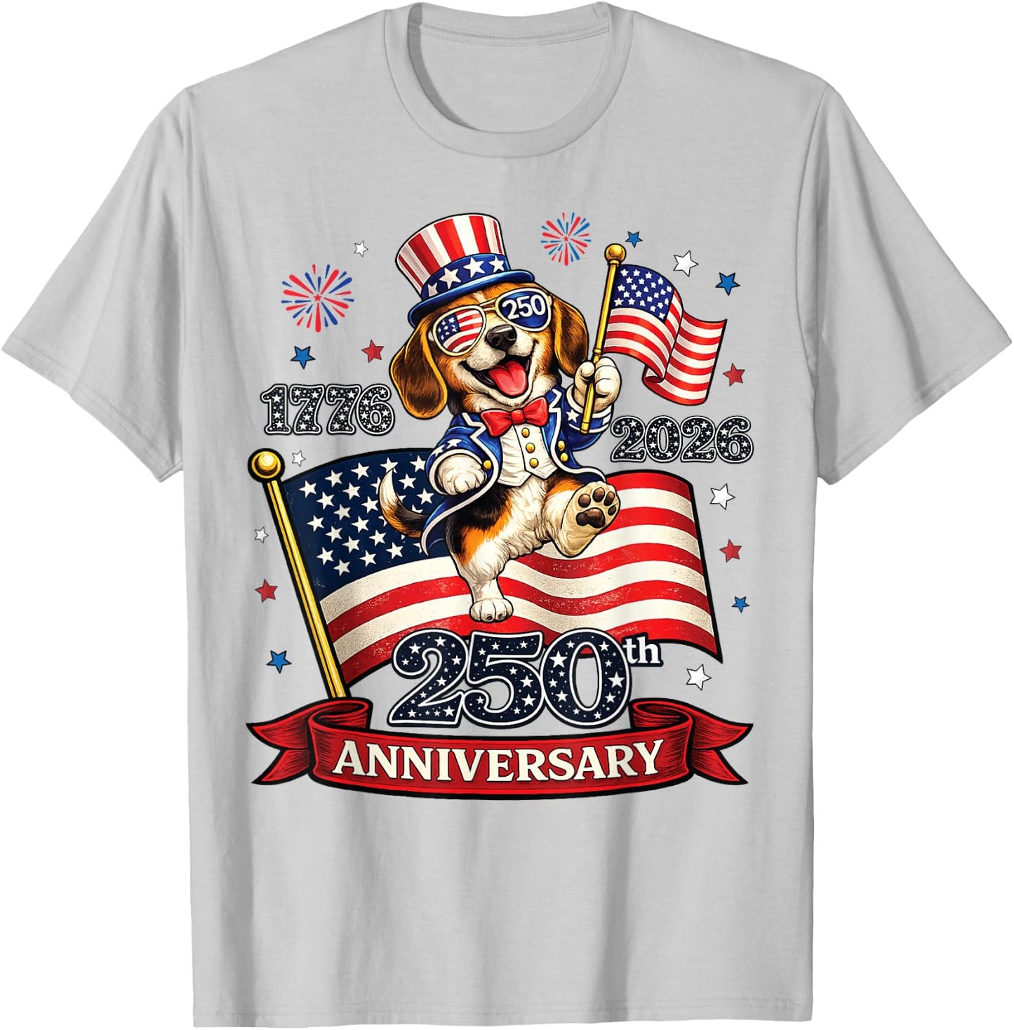 250 Anniversary USA Patriotic Dog 4th of July 2026 T-Shirt - T-Shirt | Ash