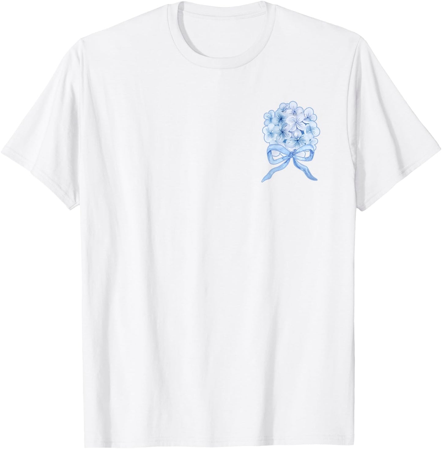 Grandmillennial Blue Hydrangea Bow T-Shirt - T-Shirt | White