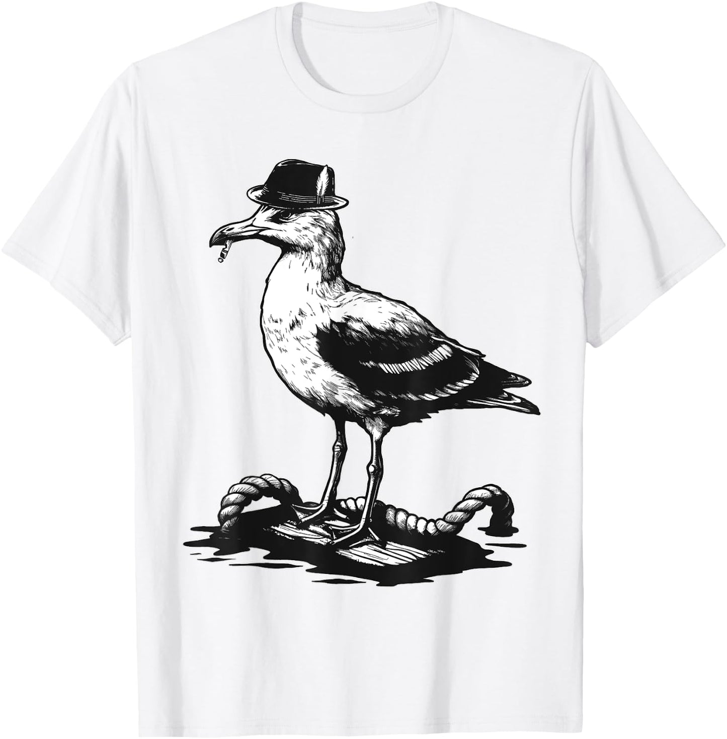 Vintage Seagull Bird Smoking Hat Rope Nautical Design T-Shirt - T-Shirt | White
