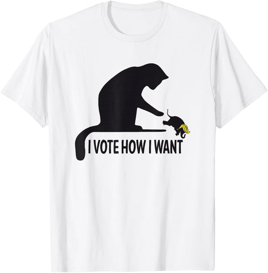 I Vote How I Want Funny Cat Lady Graphic Pushing Elephant T-Shirt - T-Shirt | White