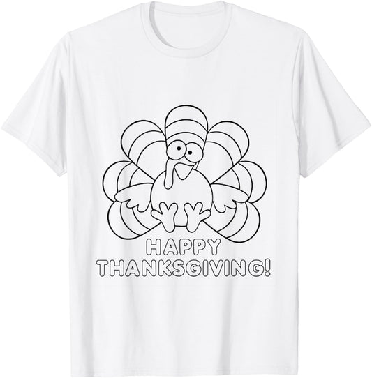 Coloring Book Style Blank Happy Thanksgiving Turkey T-Shirt - T-Shirt | White