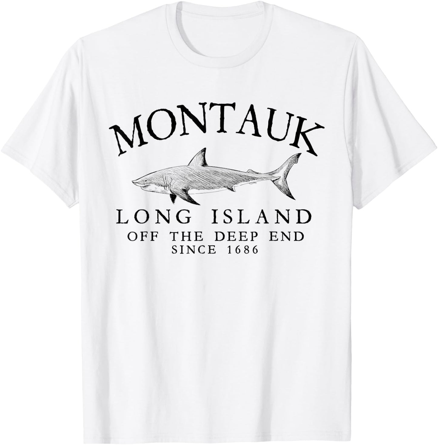 Montauk LI Off The Deep End Shark Fishing Vintage Black T-Shirt - T-Shirt | White