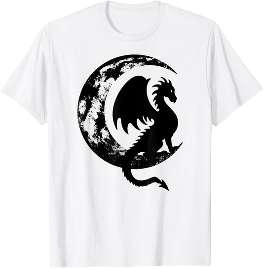 Dragon Sitting on Crescent Moon T-Shirt - T-Shirt | White