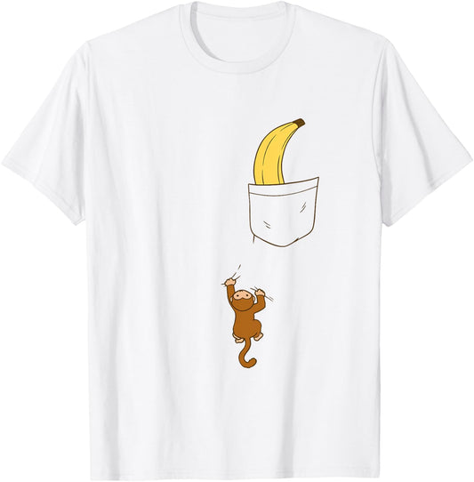 Cute Baby Monkey Climbing for Banana in Pocket Funny Animal T-Shirt - T-Shirt | White