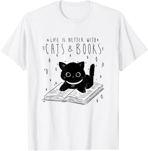 Cats And Books Cat Cute Book Reading Pet Women Girls Kids T-Shirt - T-Shirt | White