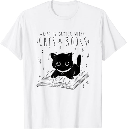 Cats And Books Cat Cute Book Reading Pet Women Girls Kids T-Shirt - T-Shirt | White