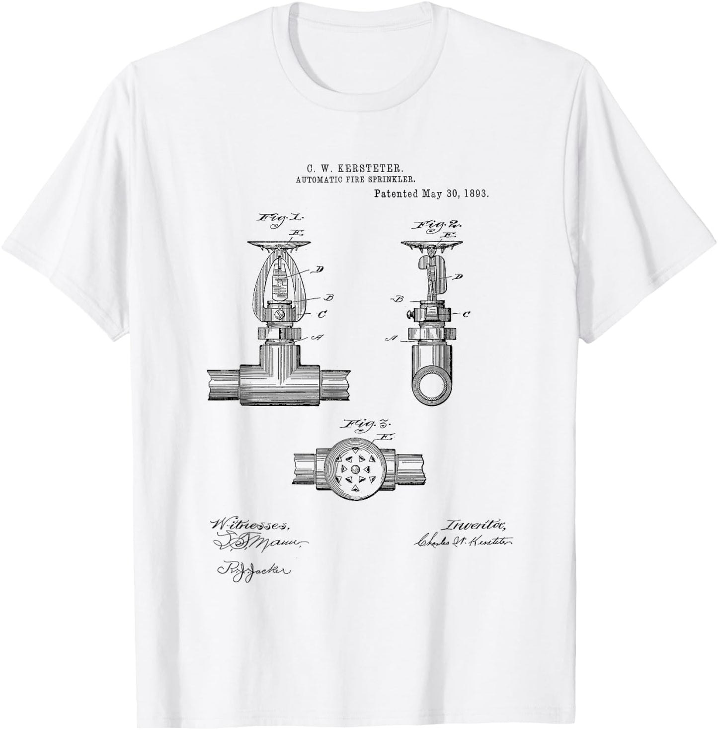 Fire Sprinkler Vintage Patent Hand Drawing Funny Novelty T-Shirt - T-Shirt | White