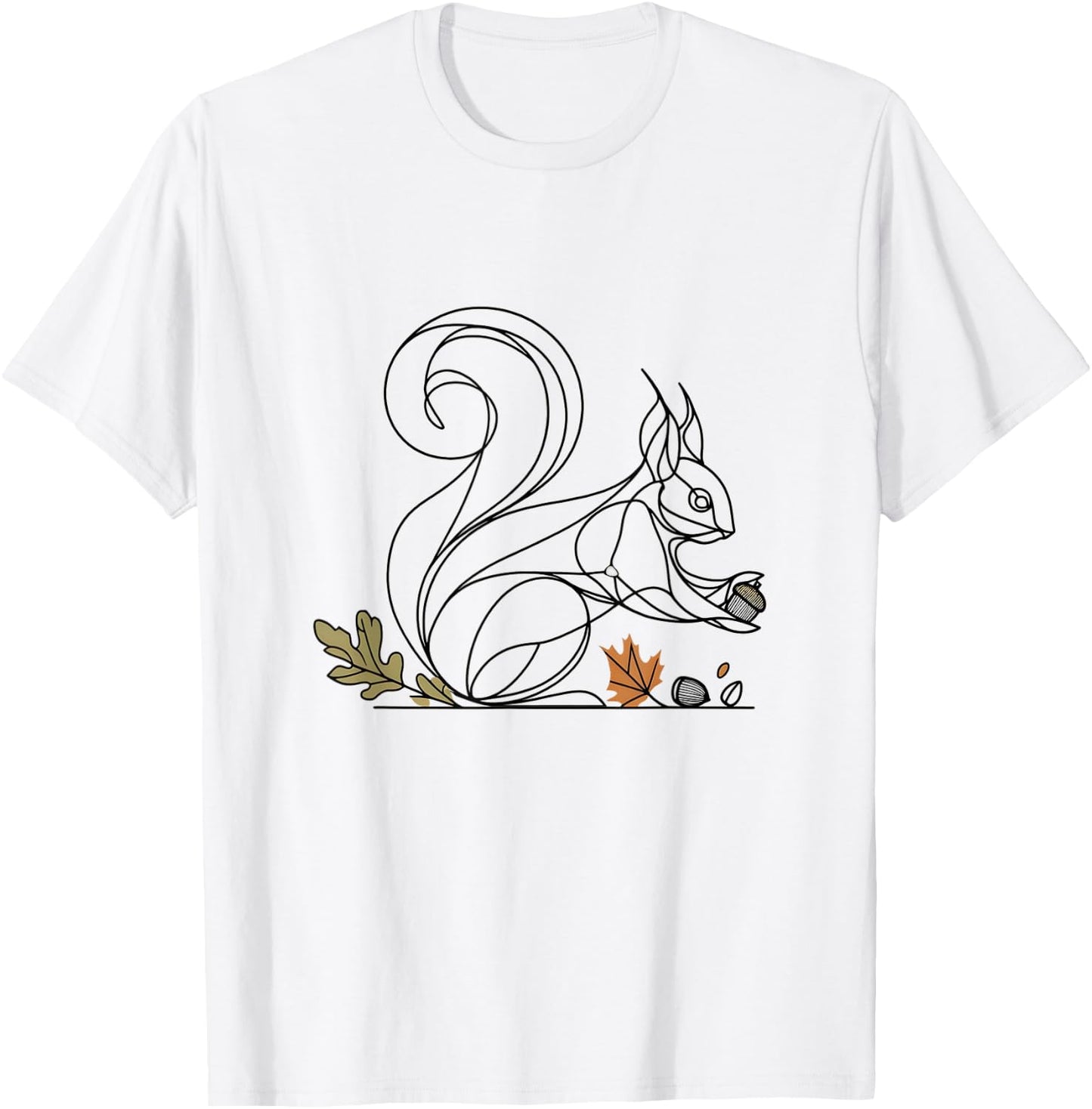BioGeometry Autumn Squirrel Line with Acorns and Leaves T-Shirt - T-Shirt | White