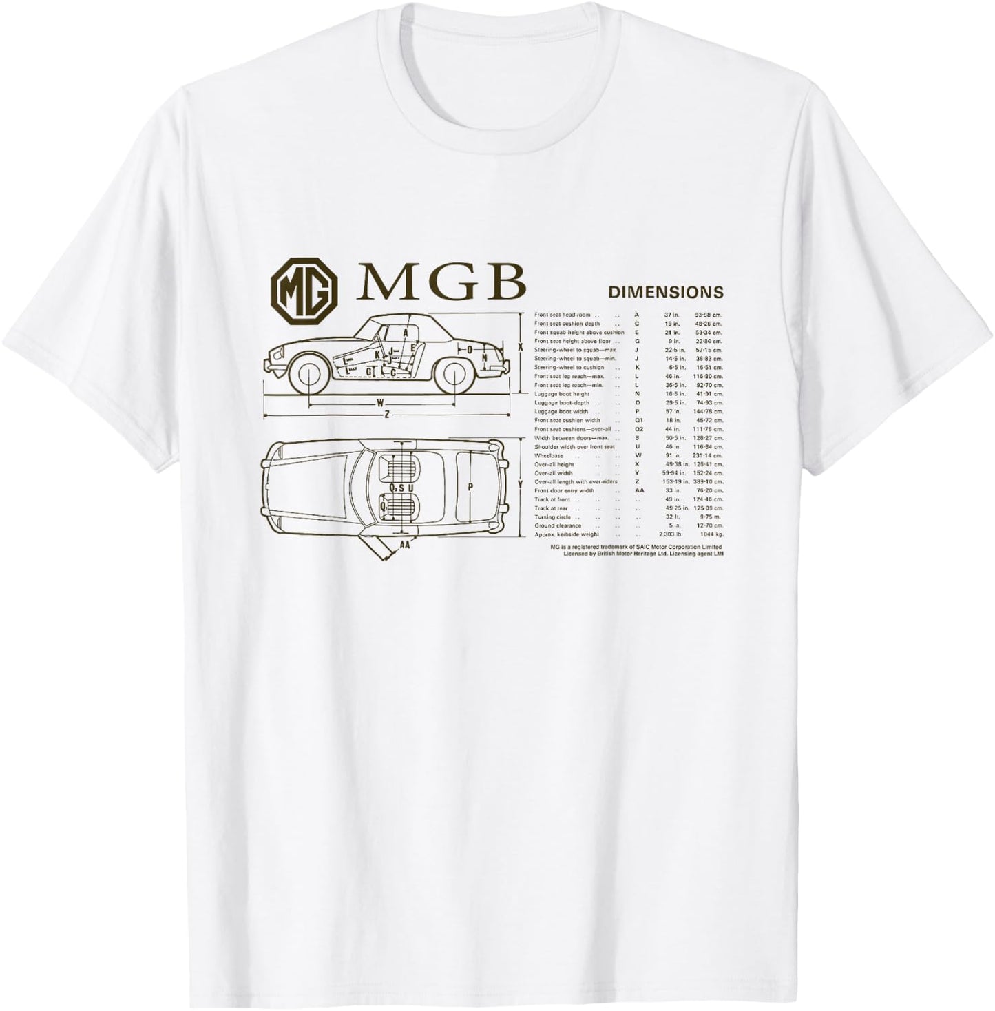 British Motor Heritage MG MGB Car Dimensions T-Shirt - T-Shirt | White