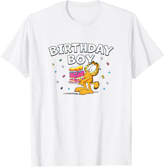 Garfield Birthday Boy Cake & Confetti Celebration Logo T-Shirt - T-Shirt | White