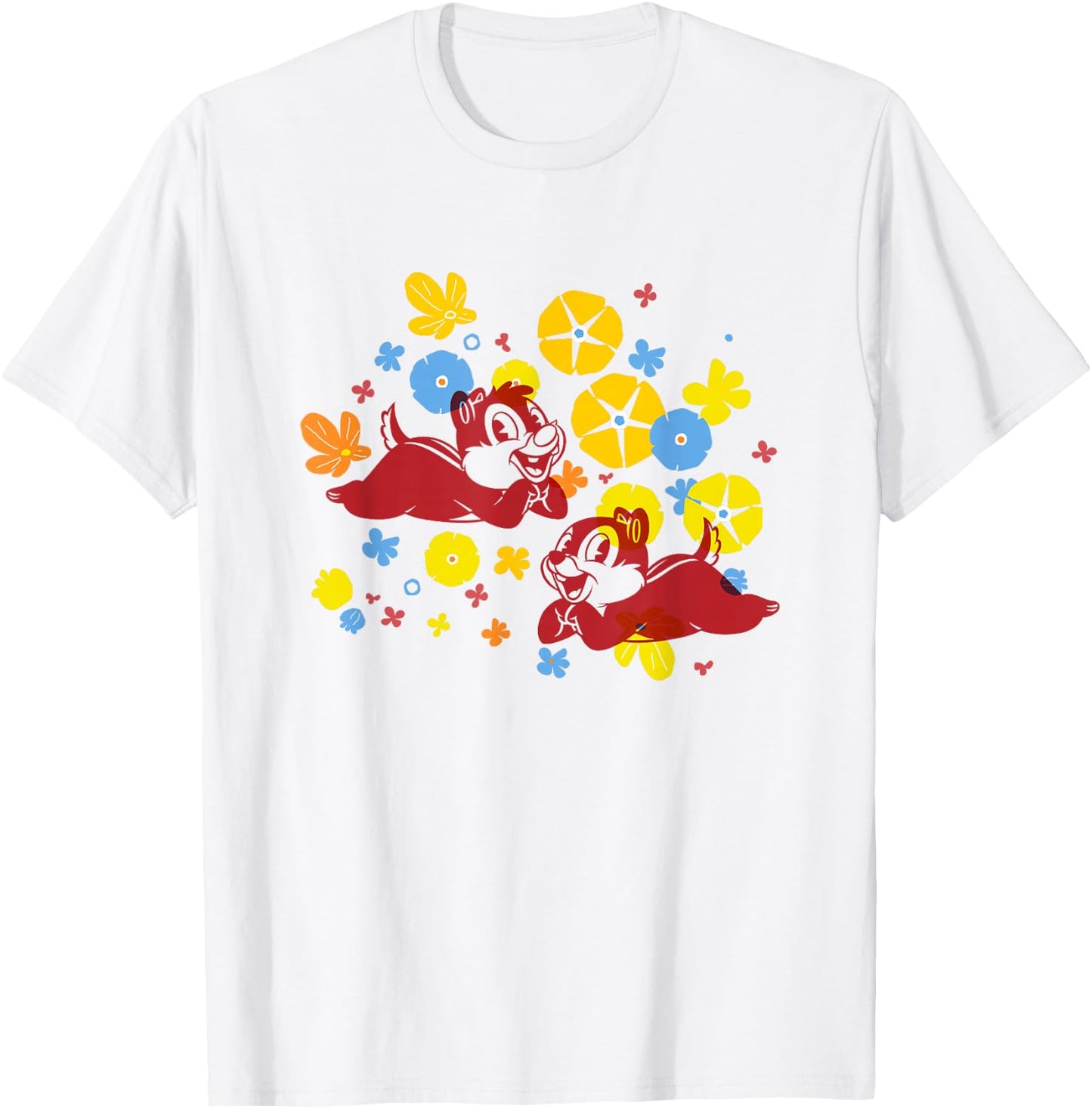 Disney Mickey and Friends Cute Chip & Dale Chest Floral Logo T-Shirt - T-Shirt | White