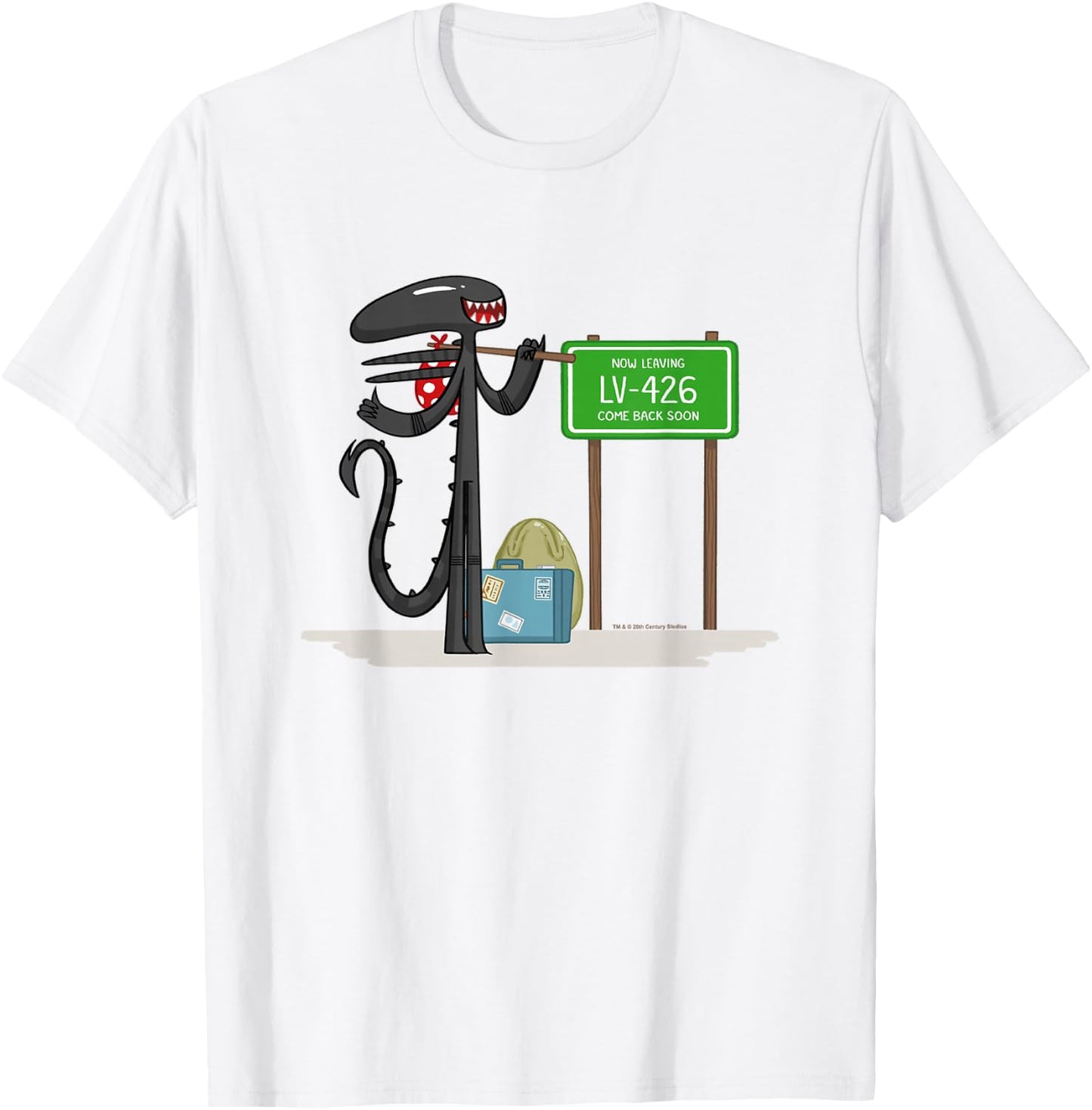 Aliens Cute Animated Xenomorph Leaving LV-426 Big Chest Logo T-Shirt - T-Shirt | White