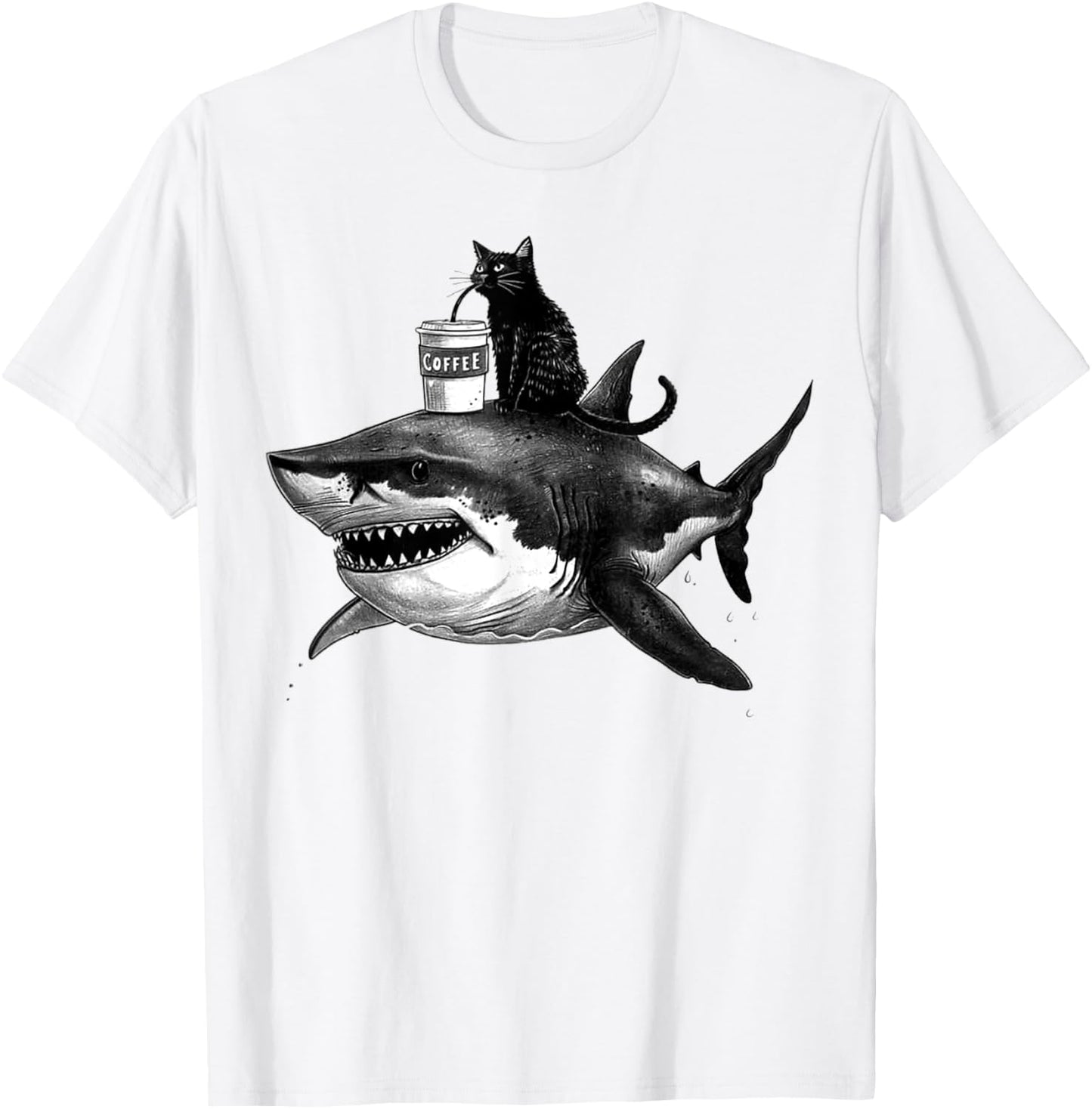 Funny Shark and Cat Art - Black Cat Riding Shark Women T-Shirt - T-Shirt | White
