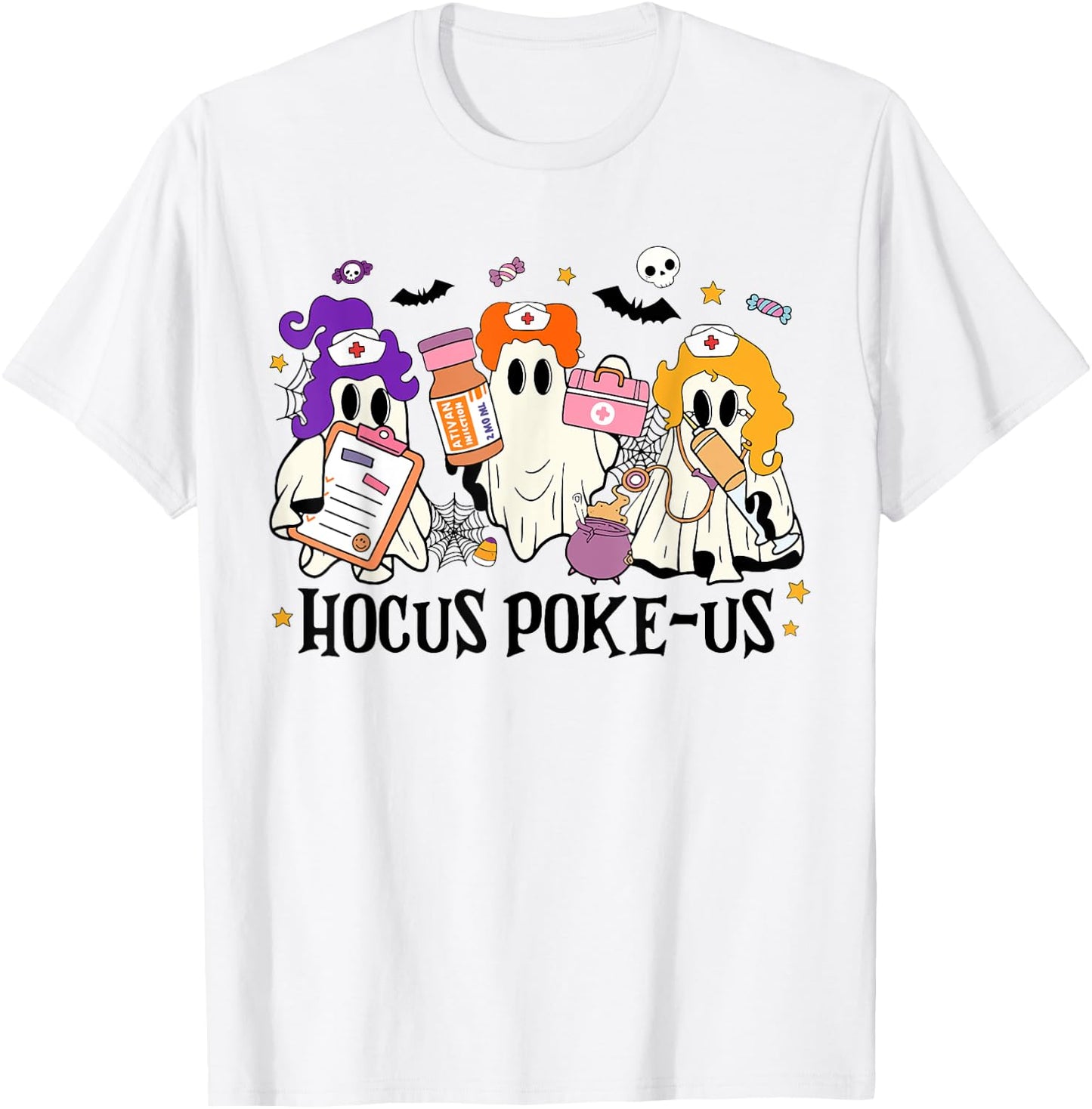 Retro Funny Hocus Poke-us Spooky Nurse Halloween Cute Ghost T-Shirt - T-Shirt | White
