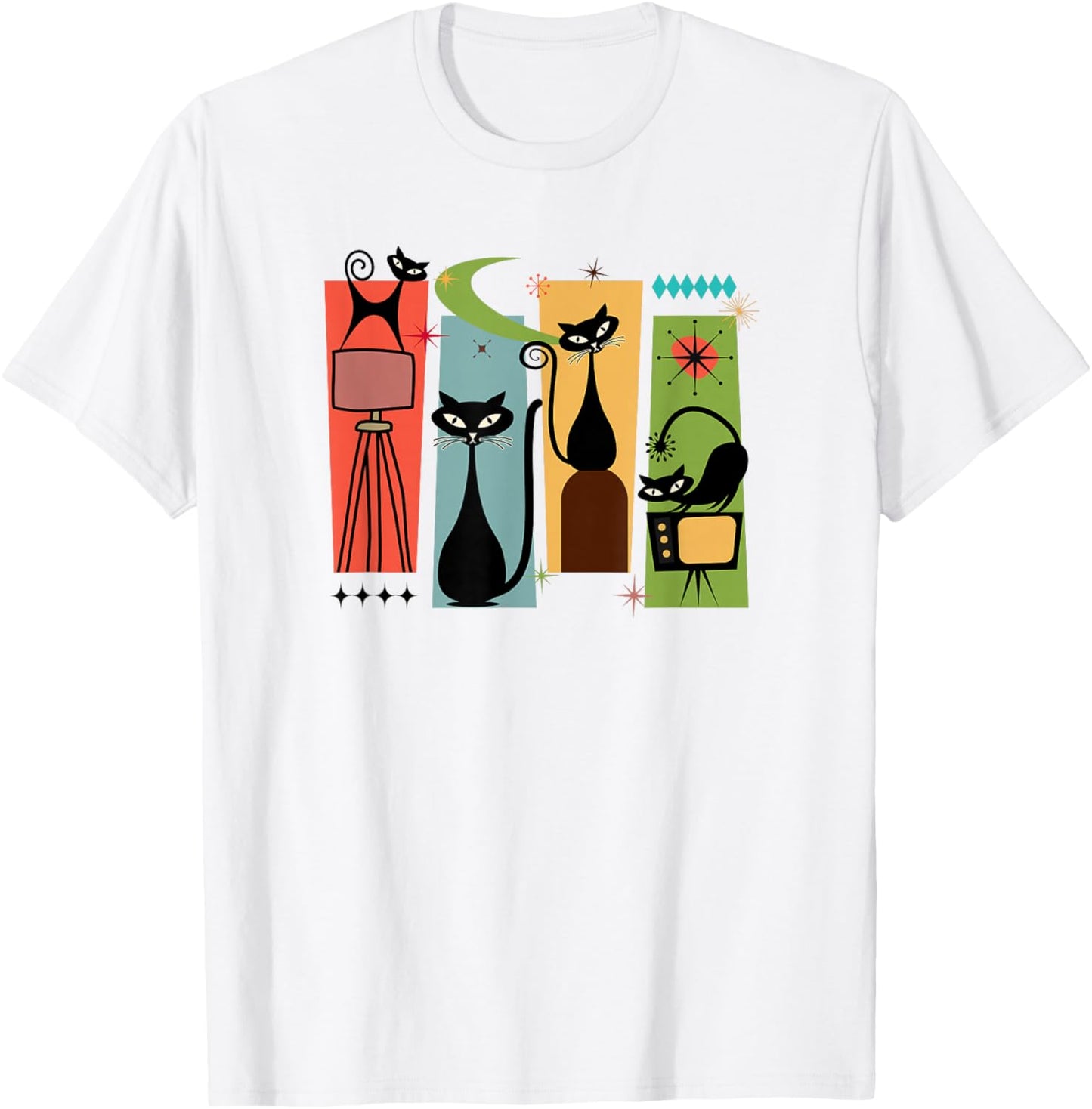 Mid Century Modern Look Cats 50s 60s Atomic Age Space Retro T-Shirt - T-Shirt | White