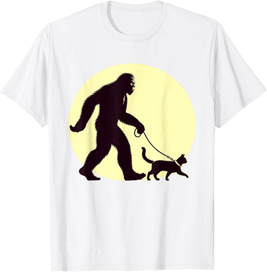 Bigfoot Sasquatch Walking Cat Funny Cat Lover Graphic Art T-Shirt - T-Shirt | White