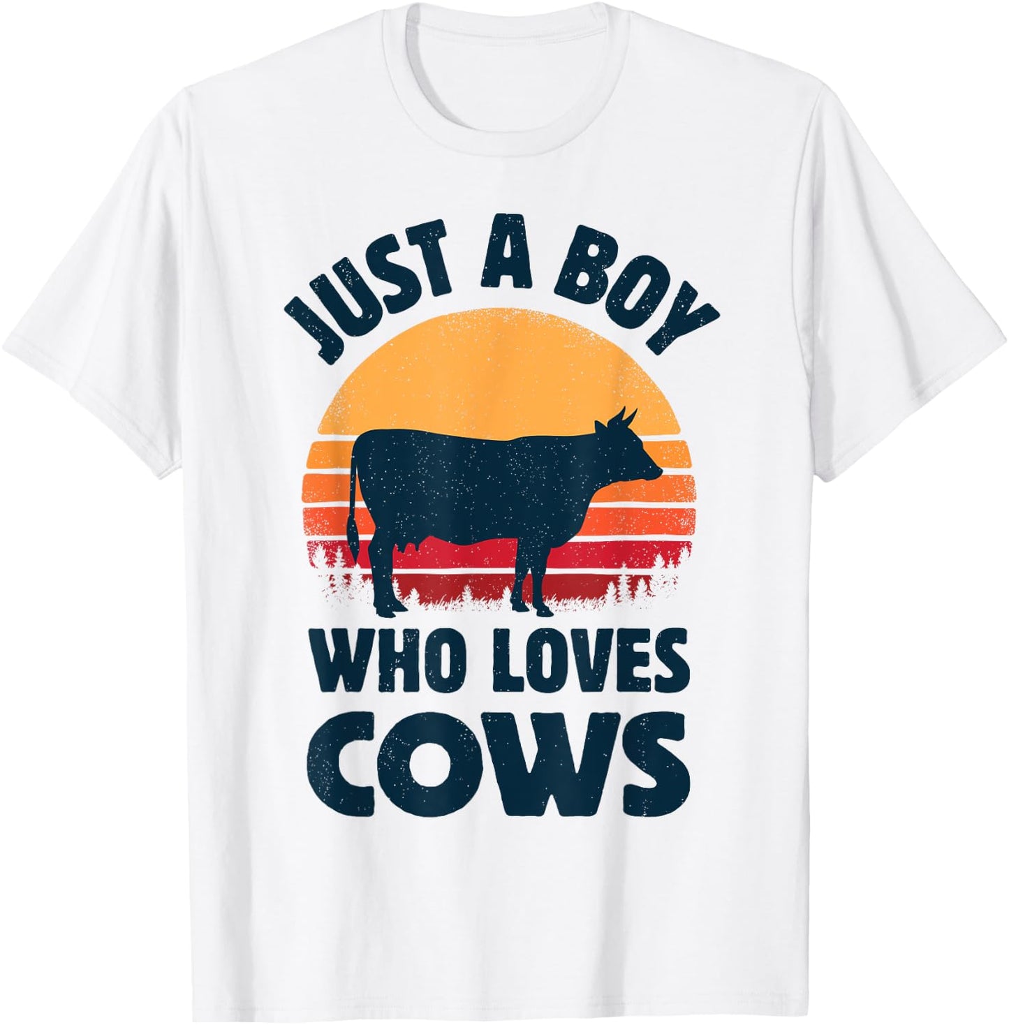 Cow Just A Boy Who Loves Retro Farm Animal Farmer Sunset T-Shirt - T-Shirt | White