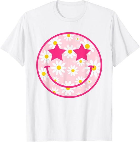 Happy Face Floral Shirt Preppy Aesthetic Smiling Face T-Shirt - T-Shirt | White