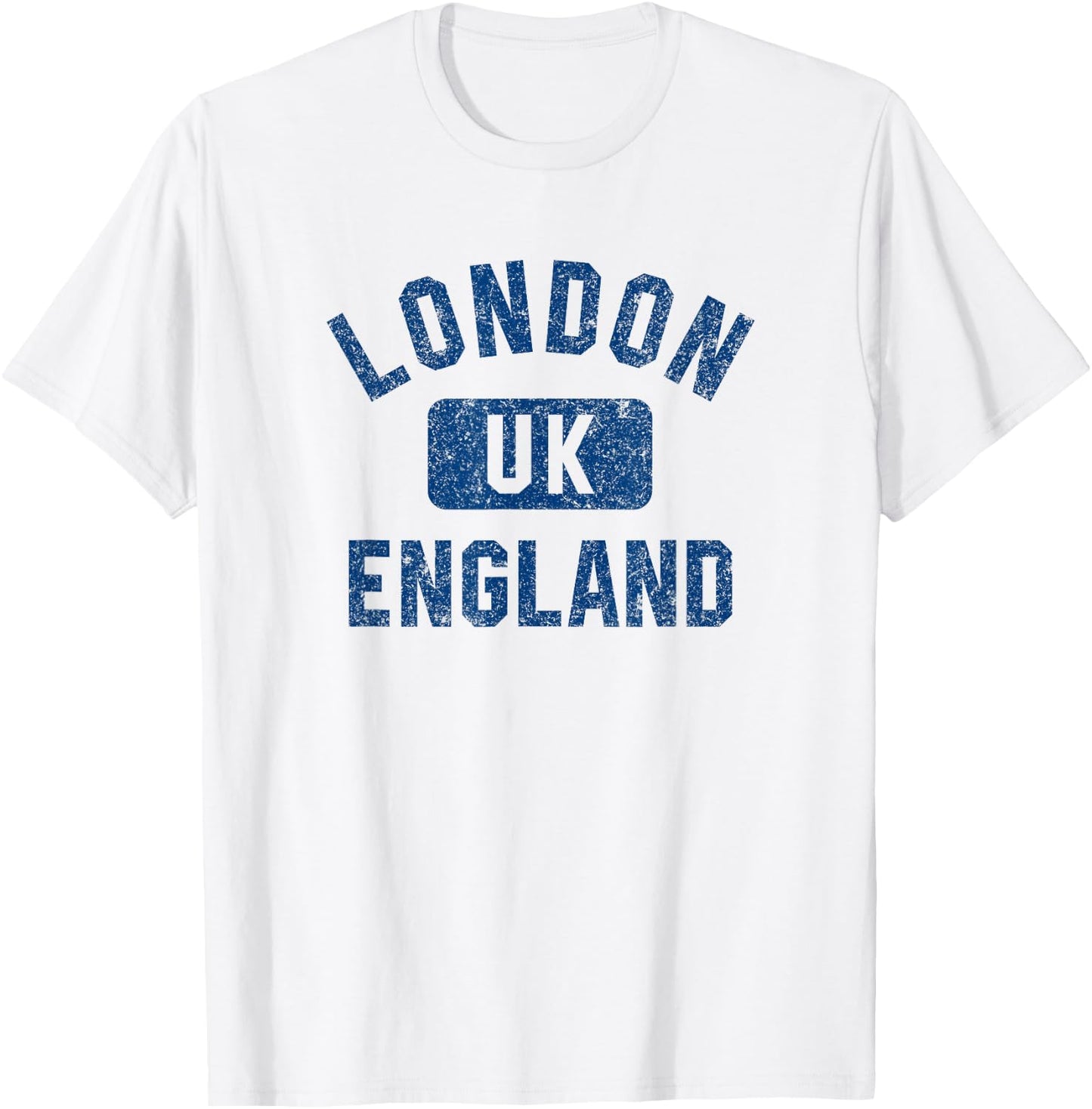 London England UK Gym Style Distressed Dark Blue Print T-Shirt - T-Shirt | White