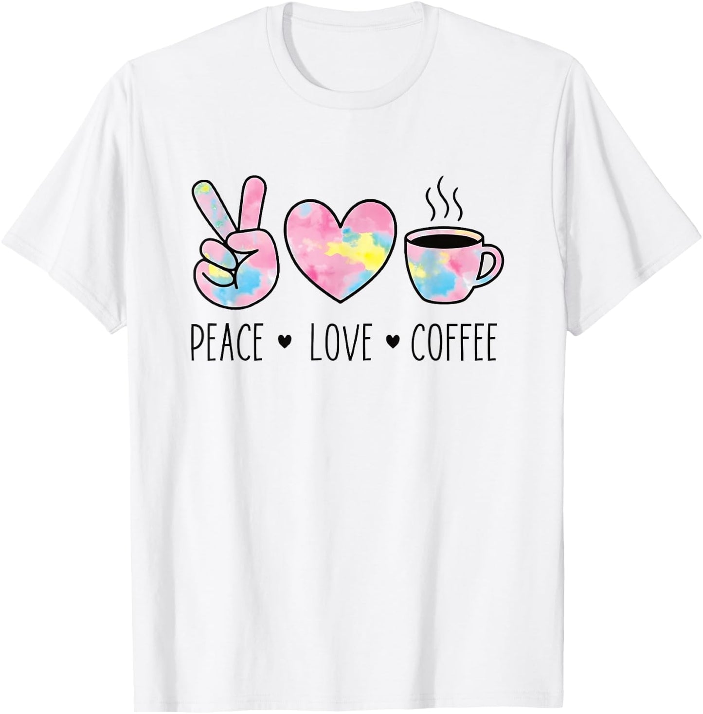 Peace Love Coffee Retro Watercolor Hand Heart Cup Graphic T-Shirt - T-Shirt | White