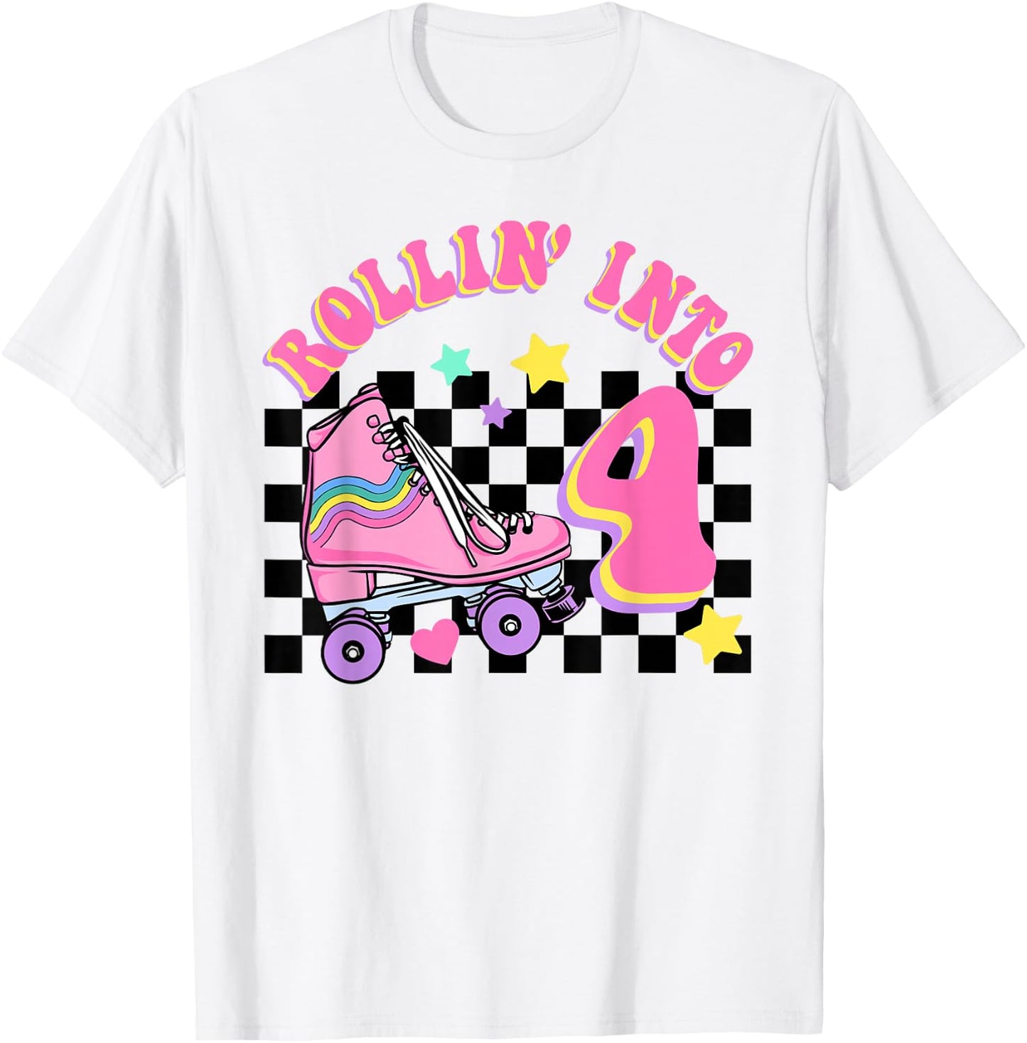 Rolling Into 4 Years Old Skater Groovy Birthday Girls Kids T-Shirt - T-Shirt | White