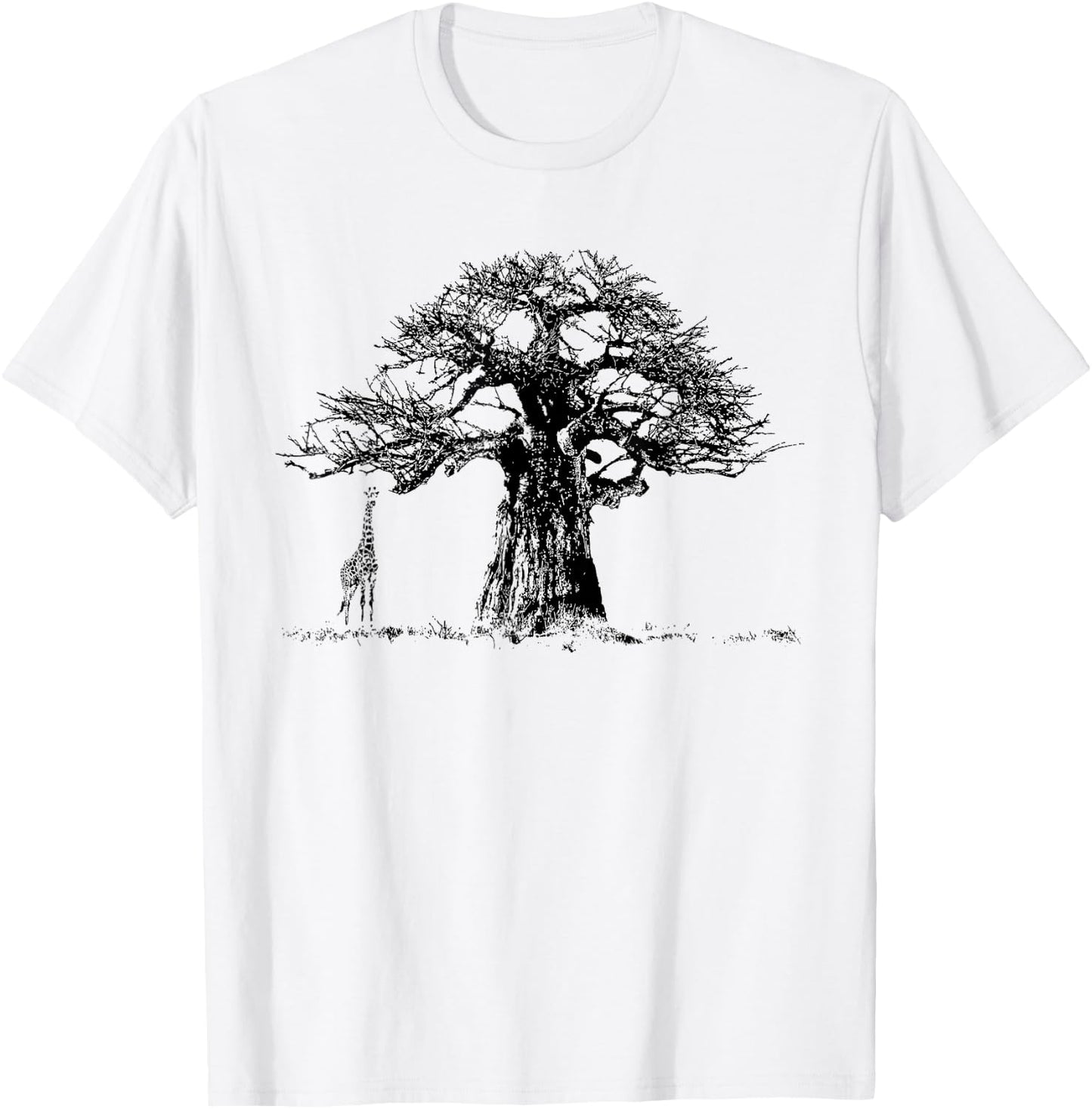 Baobab Tree and Giraffe Artwork in Graphic Monochrome T-Shirt - T-Shirt | White