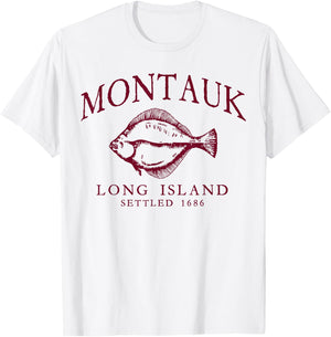Montauk Long Island Settled 1686 Fluke Flounder Fishing Red T-Shirt - T-Shirt | White