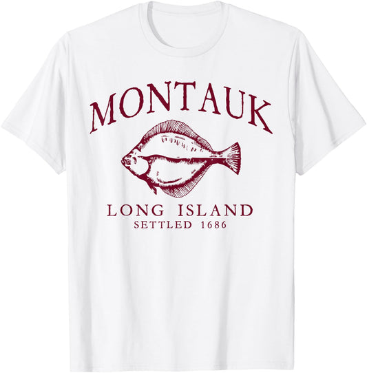 Montauk Long Island Settled 1686 Fluke Flounder Fishing Red T-Shirt - T-Shirt | White