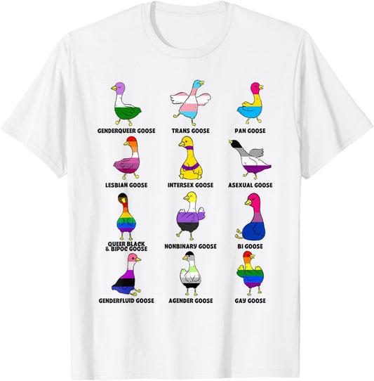 Cute Goose Geese LGBTQ Pride Month Rainbow Flag Proud Ally T-Shirt - T-Shirt | White