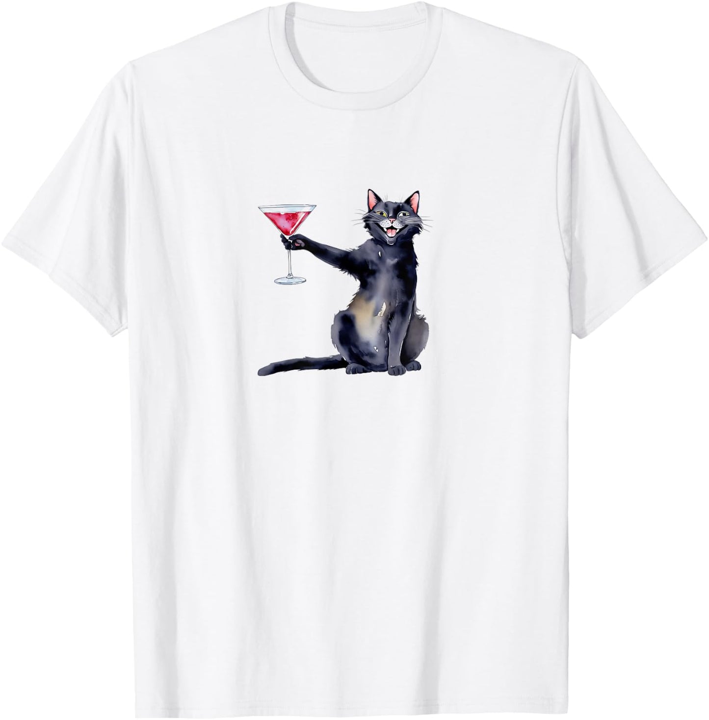 Cat with Martini Glass Cocktail T-Shirt - T-Shirt | White