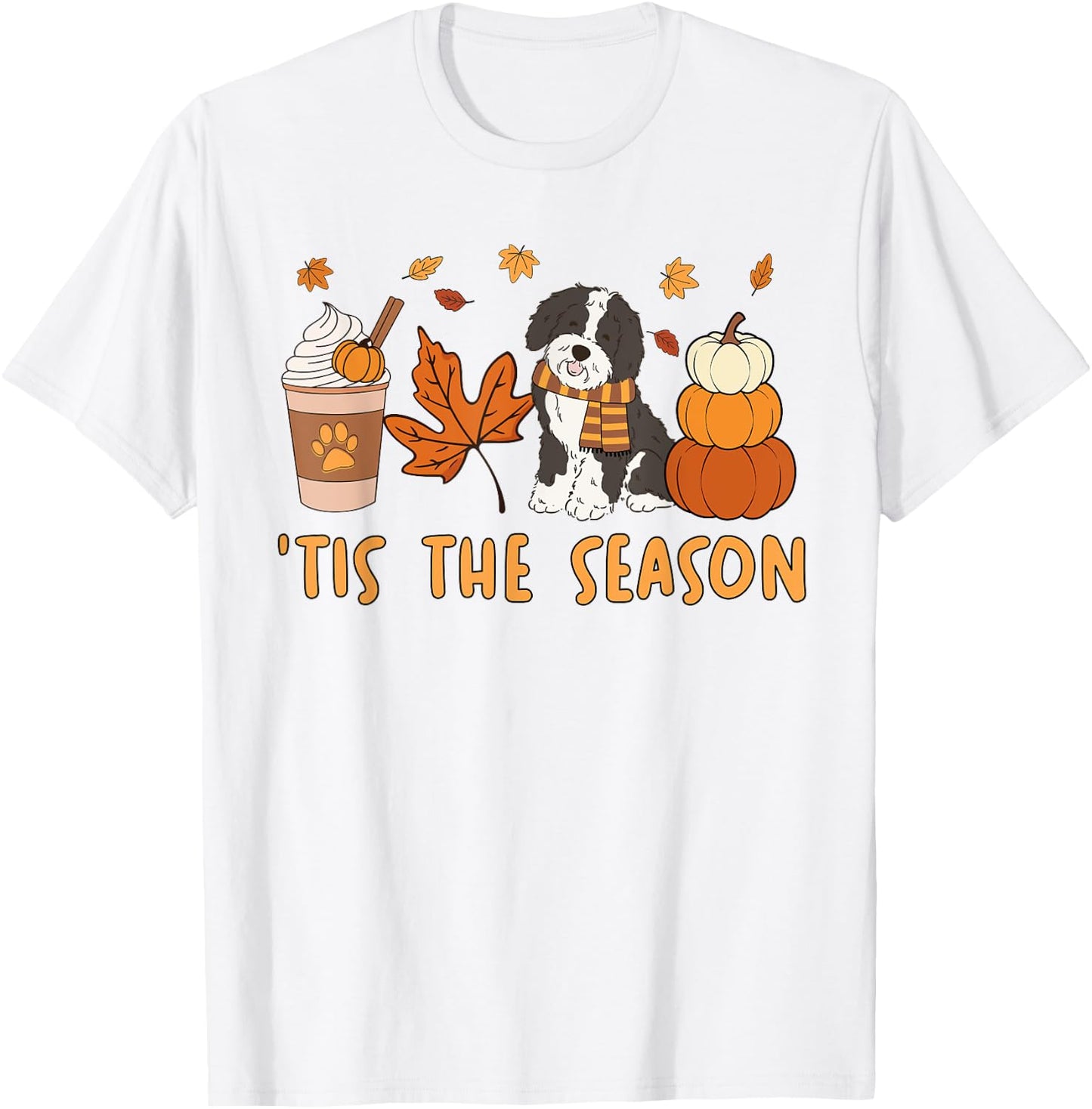 Tis The Season Sheepadoodle Dog Fall Autumn Pumpkin Coffee Women Kids T-Shirt - T-Shirt | White