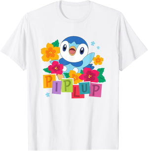Pokémon Cute Happy Piplup Big Chest Colorful Floral Poster T-Shirt - T-Shirt | White