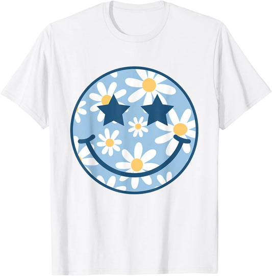 Retro Blue Happy Face Checkered Pattern Smile Face Trendy T-Shirt - T-Shirt | White