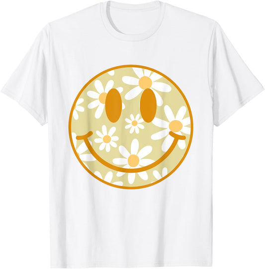 Retro Yellow Happy Face Checkered Pattern Smile Face Trendy T-Shirt - T-Shirt | White