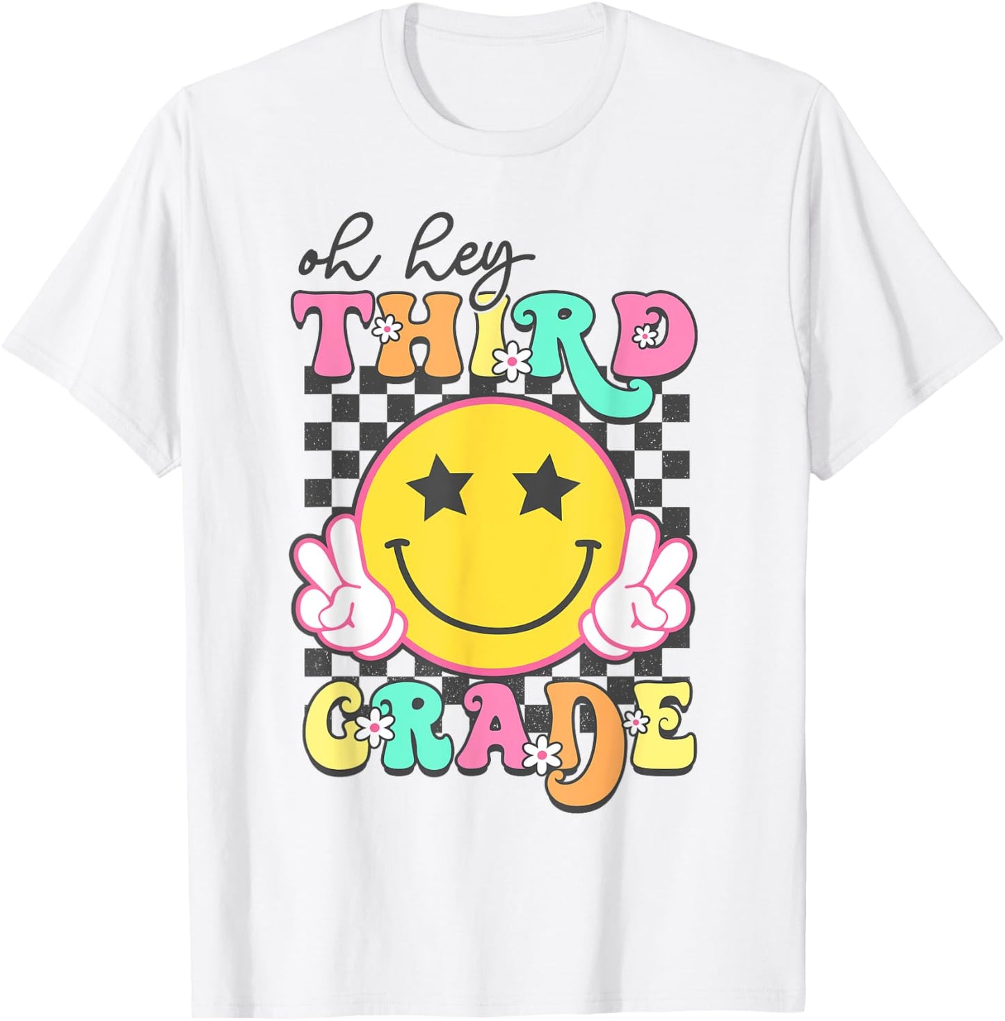 Oh Hey Third Grade Hippie Smile Face Teachers Students Kids T-Shirt - T-Shirt | White