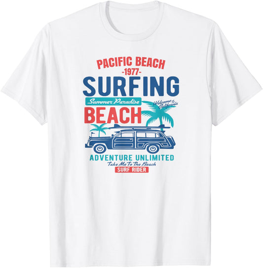 Vintage Style Pacific Beach California Surfing T-Shirt - T-Shirt | White