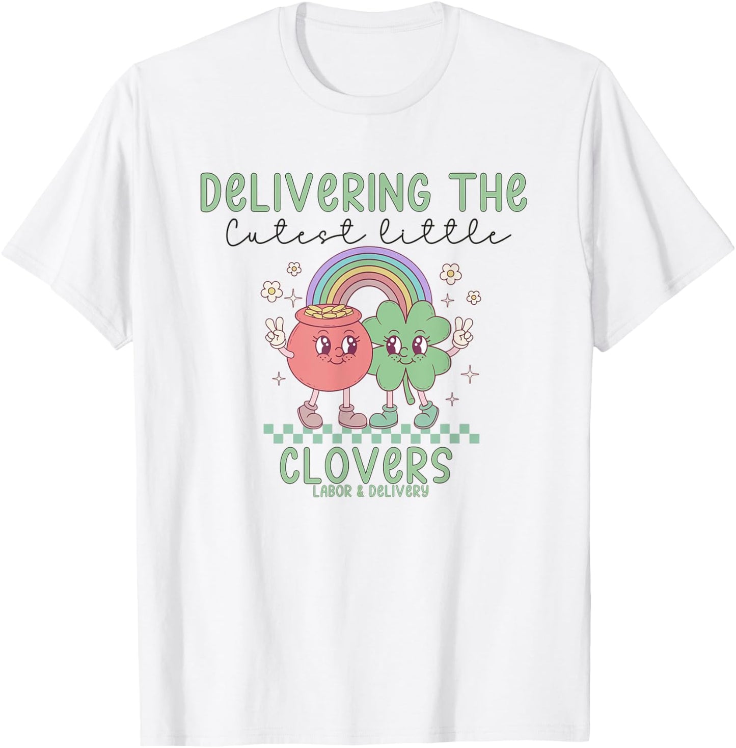 Retro Labor and Delivery Nurse St Patrick's Day Shamrocks T-Shirt - T-Shirt | White