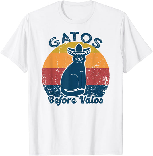 Gatos before Vatos Retro Vintage Funny saying cats Spanish T-Shirt - T-Shirt | White