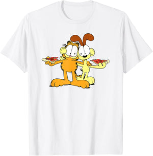 Garfield & Odie Happy Pizza Hug Cartoon Cat T-Shirt - T-Shirt | White
