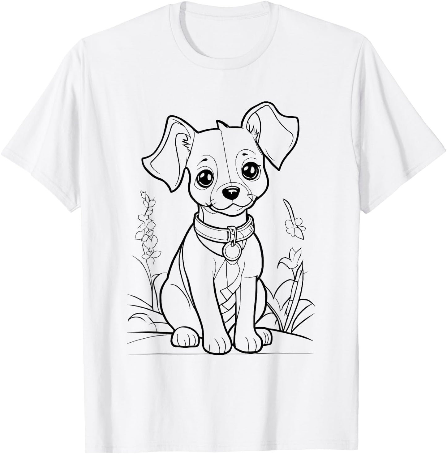 Cute Dog in Flower Field for Colouring with Textile Pens DIY T-Shirt - T-Shirt | White