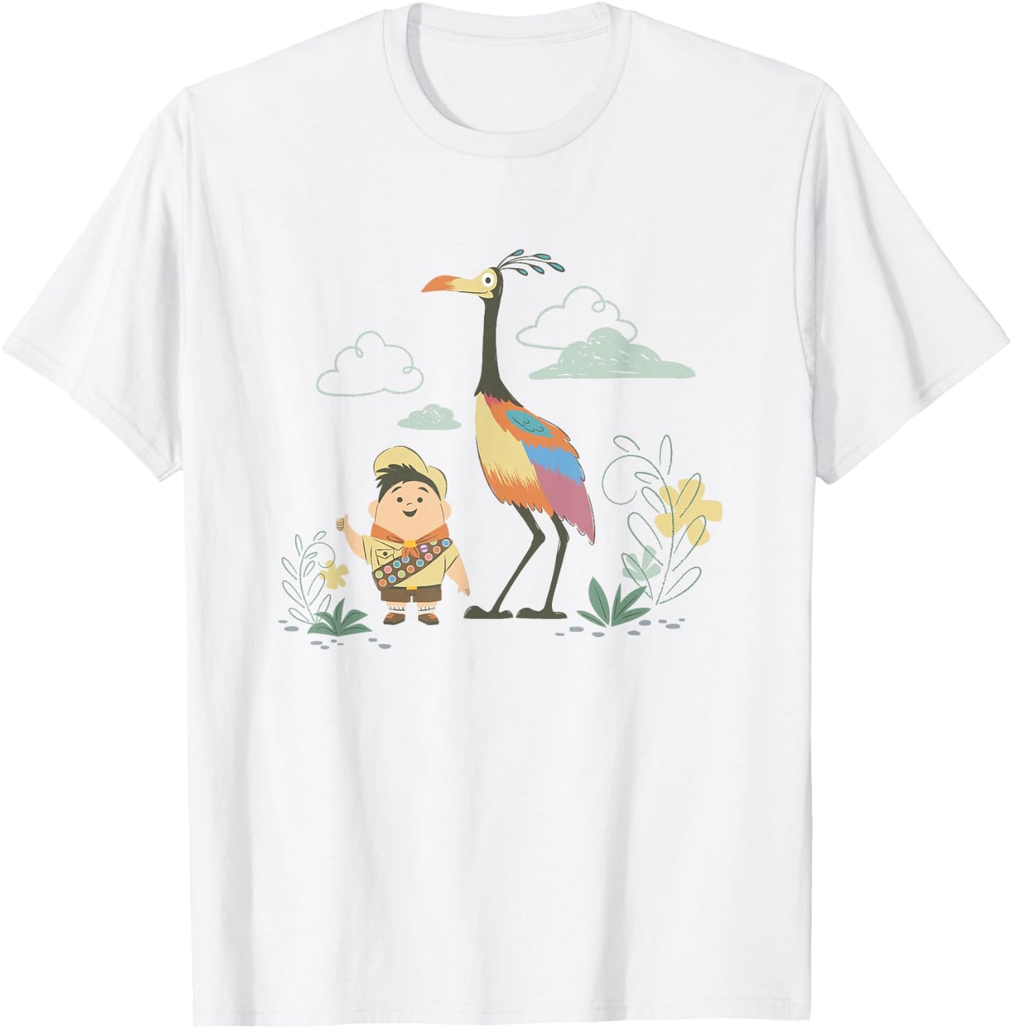 Disney Pixar Up Happy Cute Russell and Kevin Chest Logo T-Shirt - T-Shirt | White