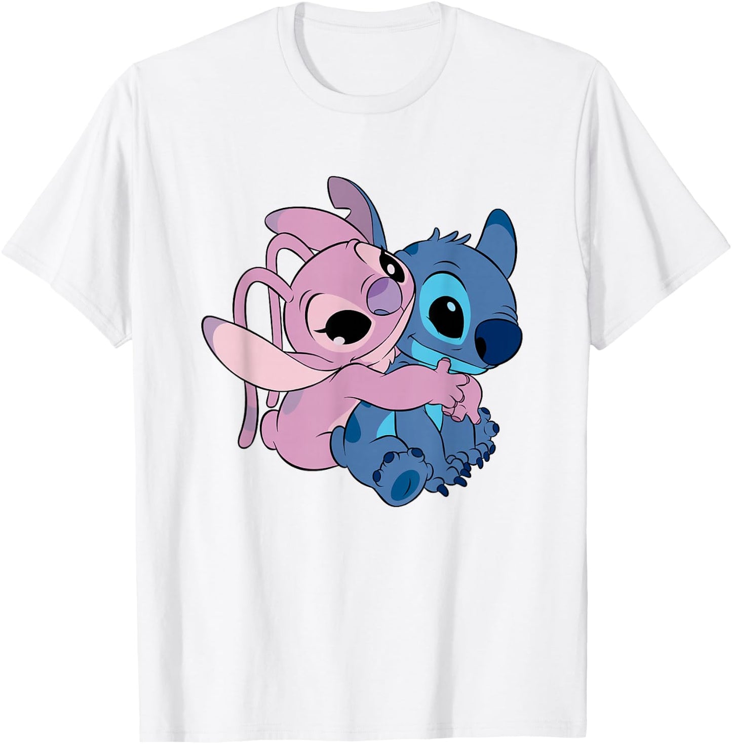 Disney Lilo & Stitch Cute Angel & Stitch Hugging Chest Logo T-Shirt - T-Shirt | White