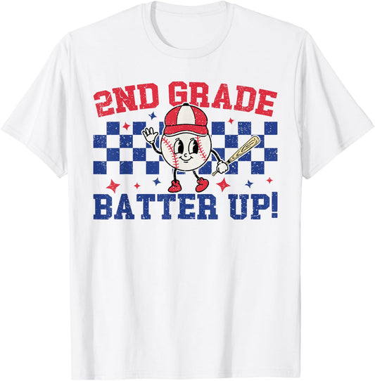 2nd Grade Batter Up Back To School Baseball Teacher Kids T-Shirt - T-Shirt | White